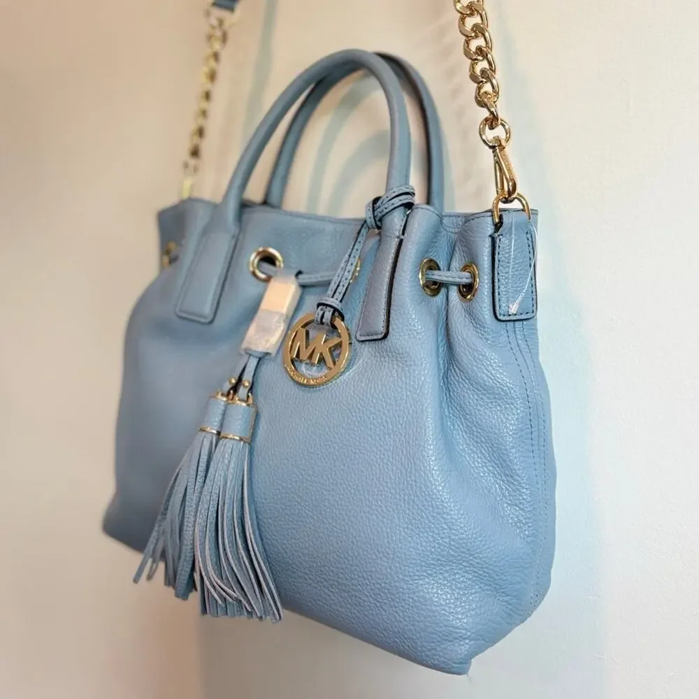 Michael Kors Camden Medium Drawstring Satchel Powder Blue Pebbled Leather Bag